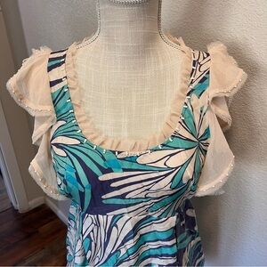 Hype - Floral Blue & Cream Ruffle Sleeve Top - Size Small - Beaded Accents